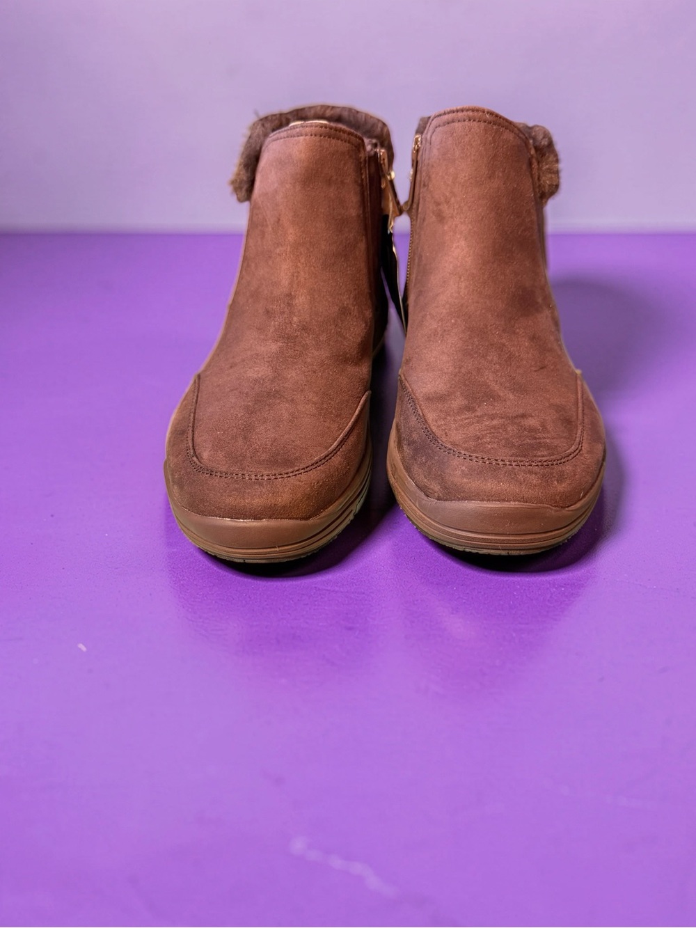 Ryka Brown Suede Winter Ankle Boots with Faux Fur Trim